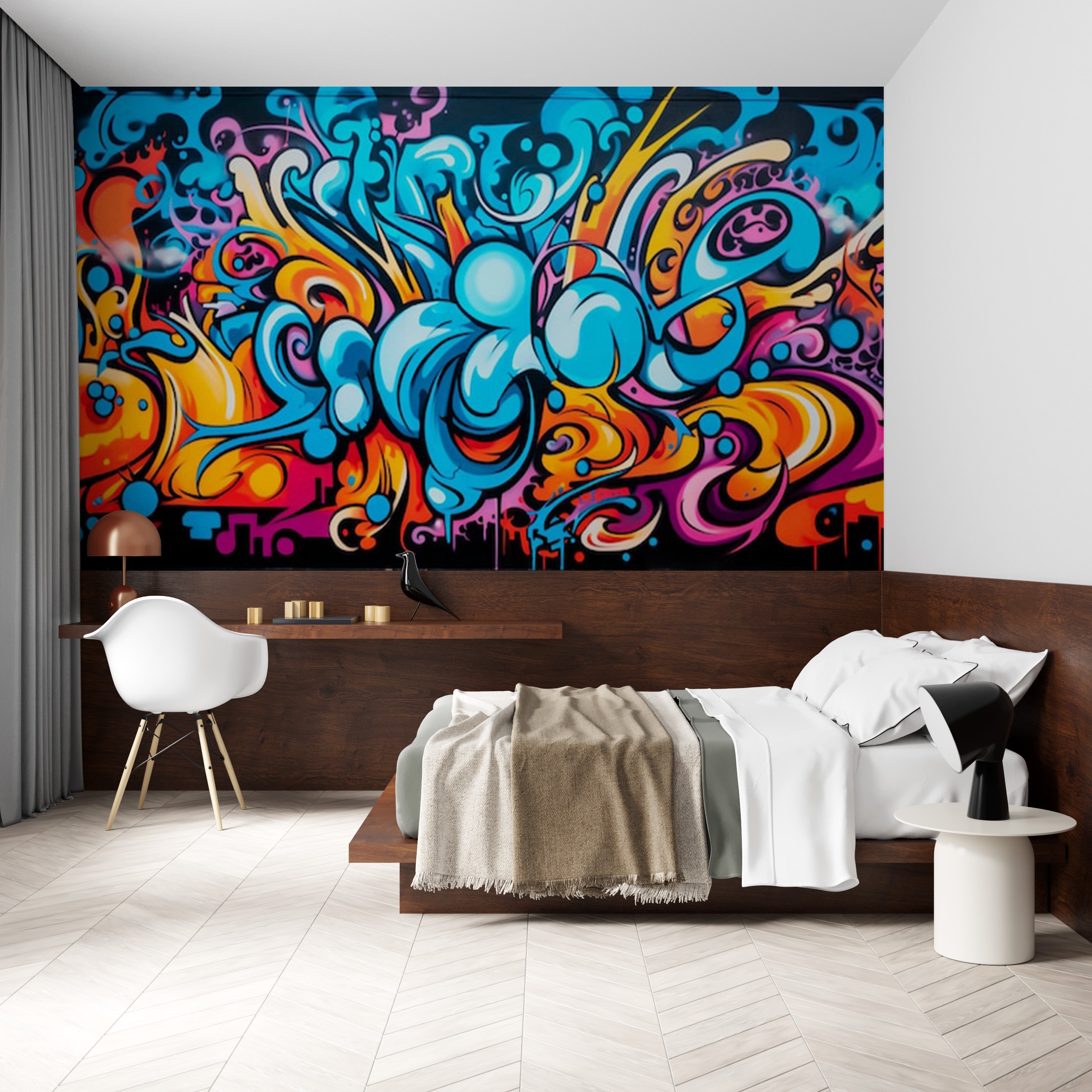 Papier peint abstrait Explosion de Couleurs dans une chambre avec mur graffiti et mobilier minimaliste