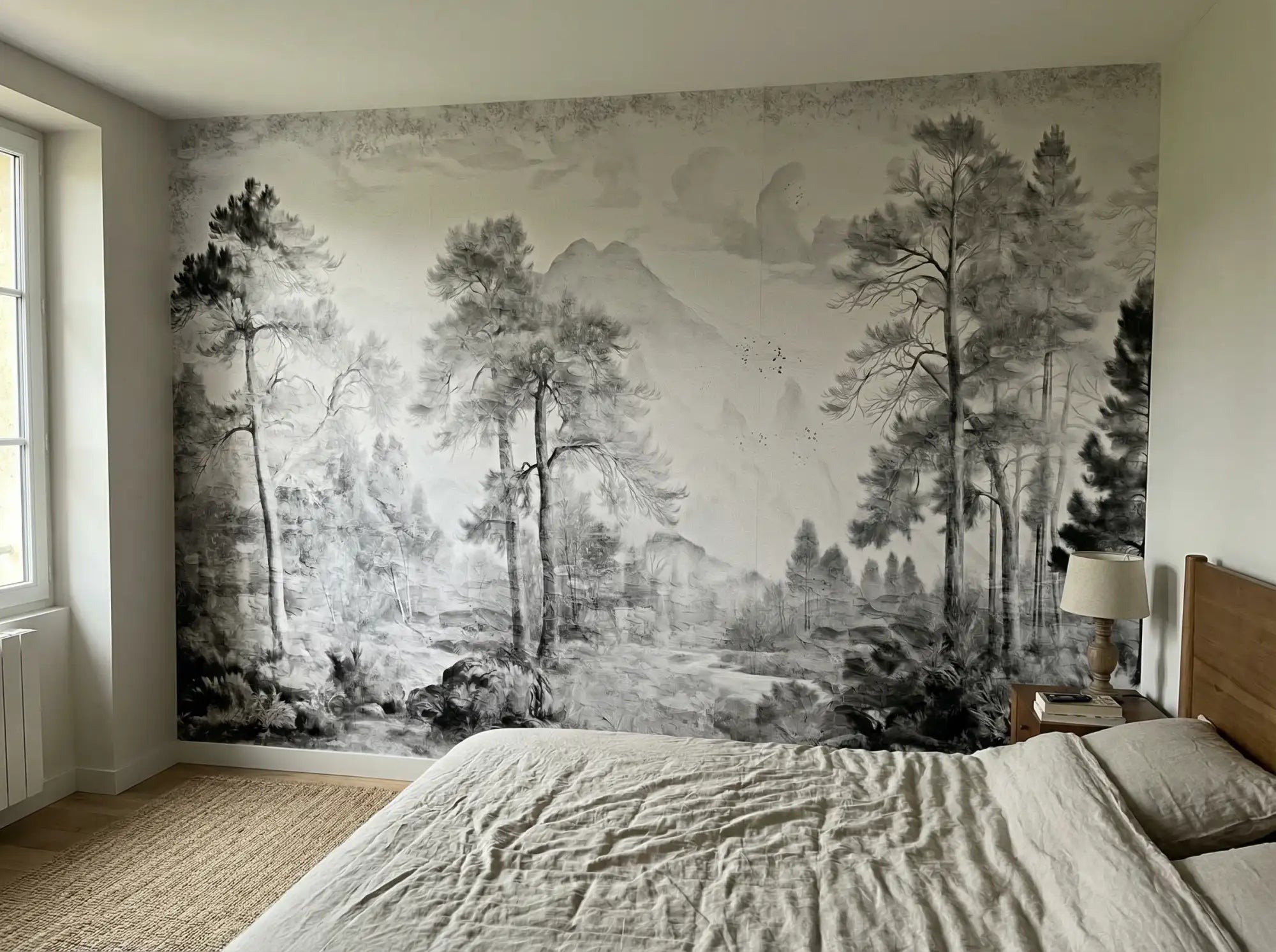 Fresque murale de forêt en noir et blanc