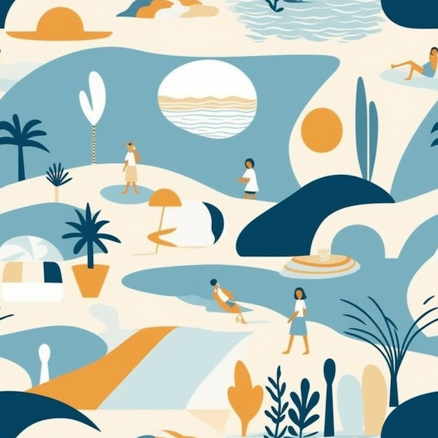 Illustration vibrante et fantaisiste d’une scène de plage pour mural vague d’Évasion surf