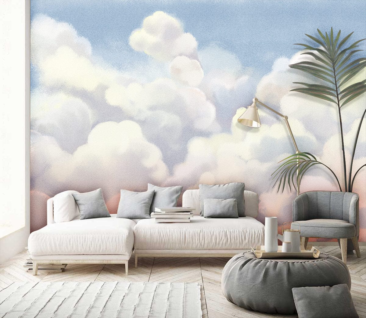 Murale nuages blancs pour papier peint murale dans salon moderne avec mur accent nuages
