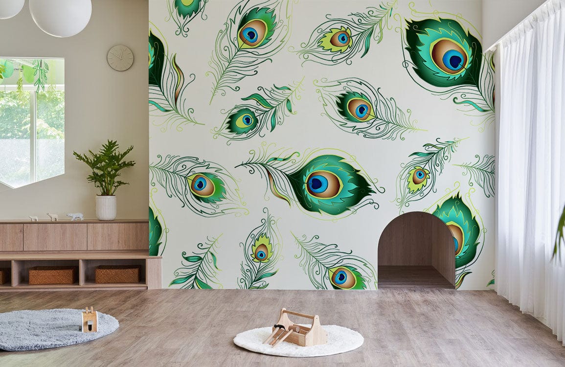 Papier peint mural avec motif paon vert abstrait, œuvre d’art pour décoration intérieure