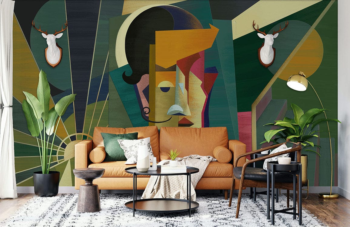 Papier peint mural abstrait Picasso dans un salon moderne avec mural abstrait vibrant