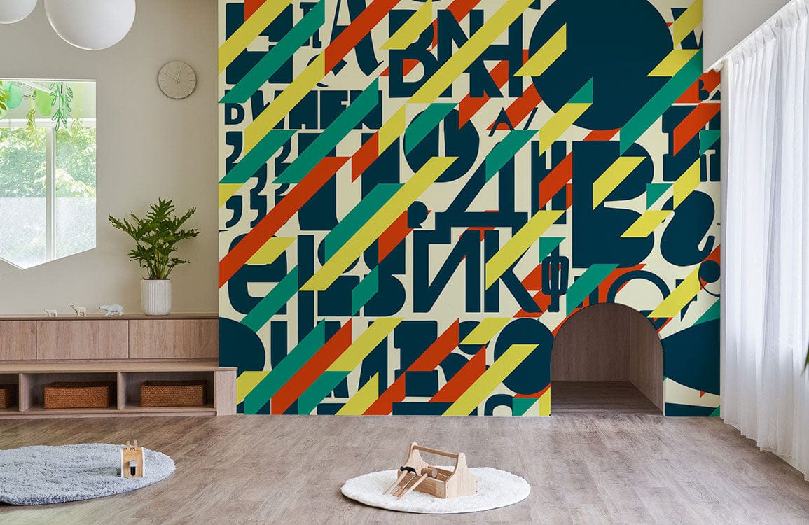 Papier peint mural coloré avec formes géométriques, lettres cyrilliques et arc