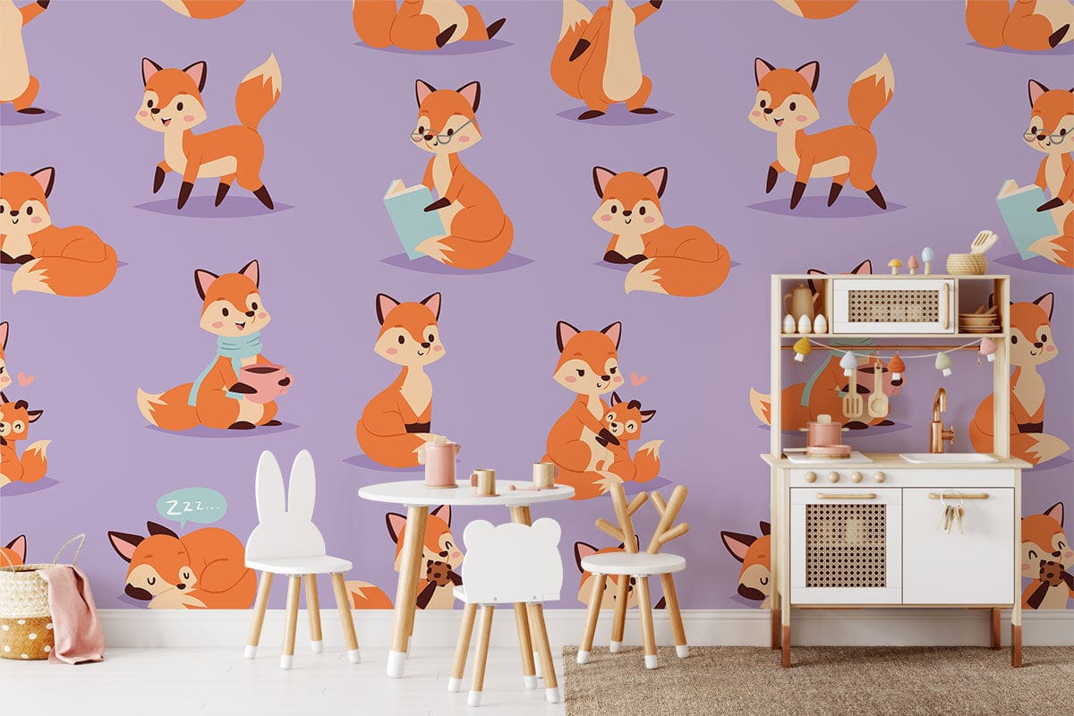 Rêve enchanté avec papier peint mural renard dessin animé violet