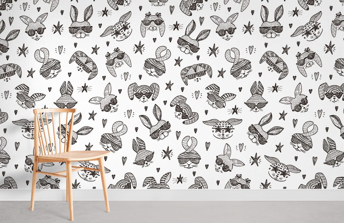 Papier peint mural de lapins avec lunettes de soleil, design noir et blanc moderne
