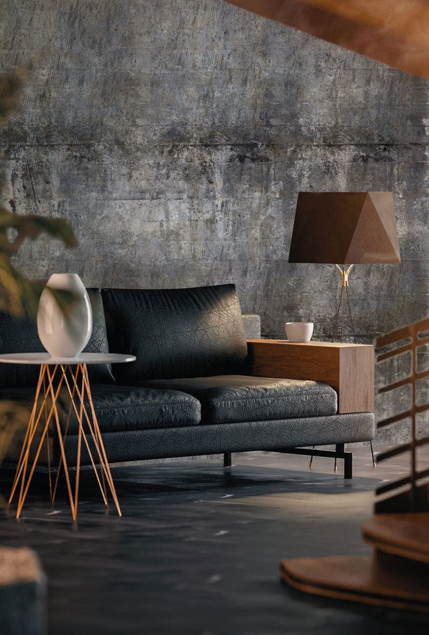 Sofa deux places moderne avec table intégrée, mural effet béton grunge, papier peint mural