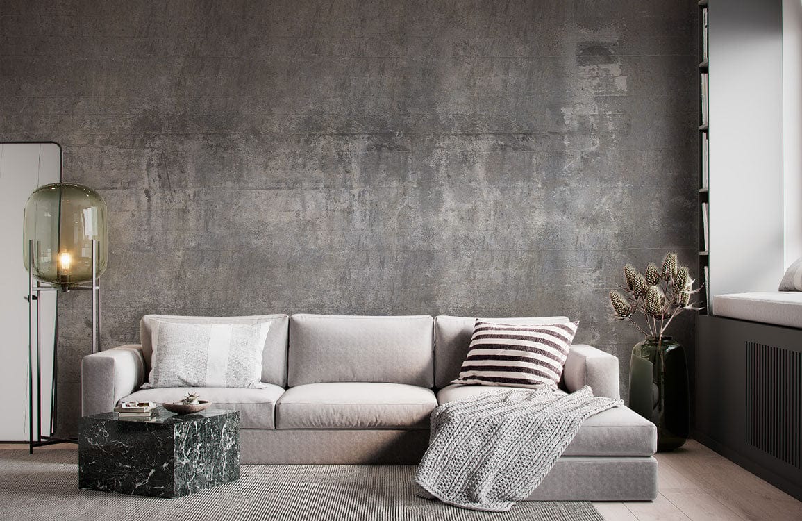 Sectional moderne gris clair avec chaise longue, mural effet béton grunge, papier peint mural