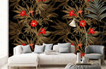 Papier peint mural Jardin Noir aux Fleurs Rouges et Feuillage Doré - Vignette | Mr Papier Peint
