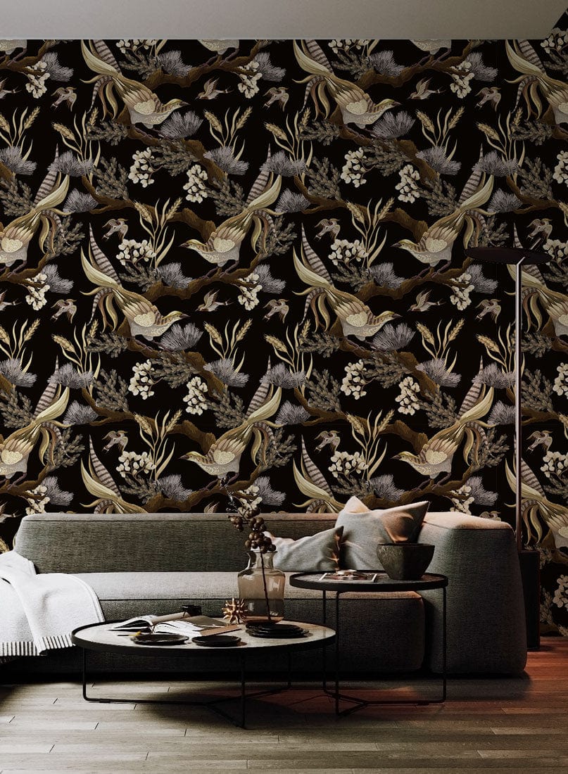 Papier peint mural fleurs avec oiseaux et feuillage, œuvre d’art unique sur fond noir