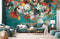Peint mural fleurs vibrant avec grandes fleurs colorées sur mur teal pour Papier peint mural Fleurs sur le lac