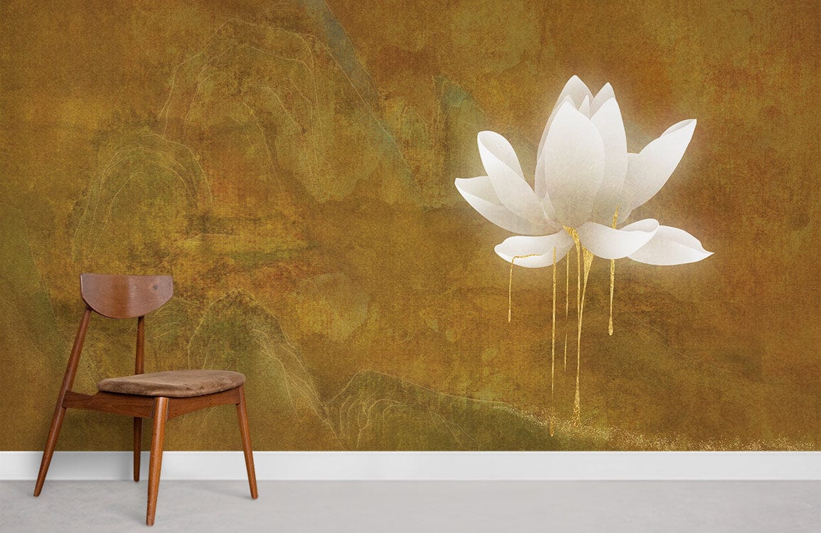 Peint mural lotus avec fleur blanche et dorures sur mur terreux pour décoration élégante