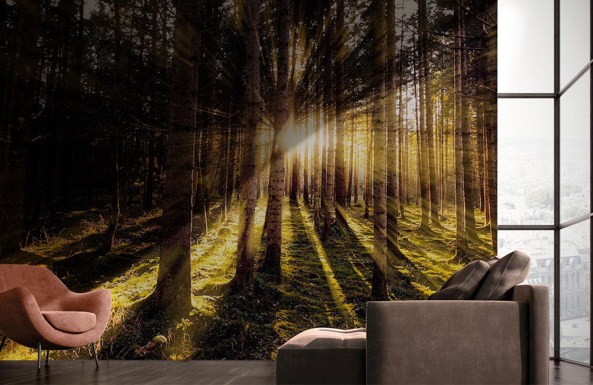 Papier peint mural forêt obscure avec lumières pour une salle de séjour moderne