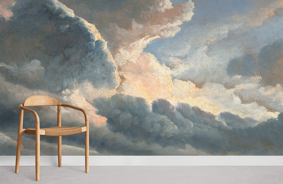 Chaise en bois avec siège tissé, idéal avec peinture mural nuages au coucher du soleil