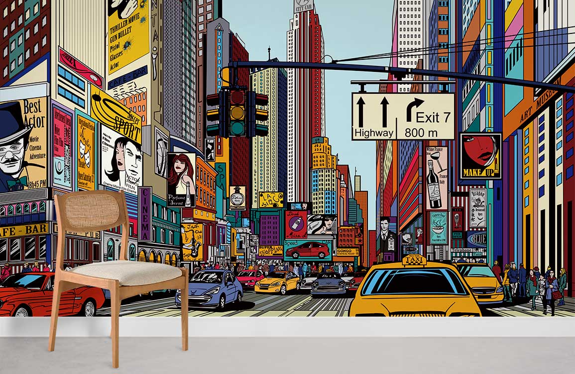 Chaise de salle à manger en rotin tissé avec siège rembourré, idéal pour le papier peint mural Rue de New York II