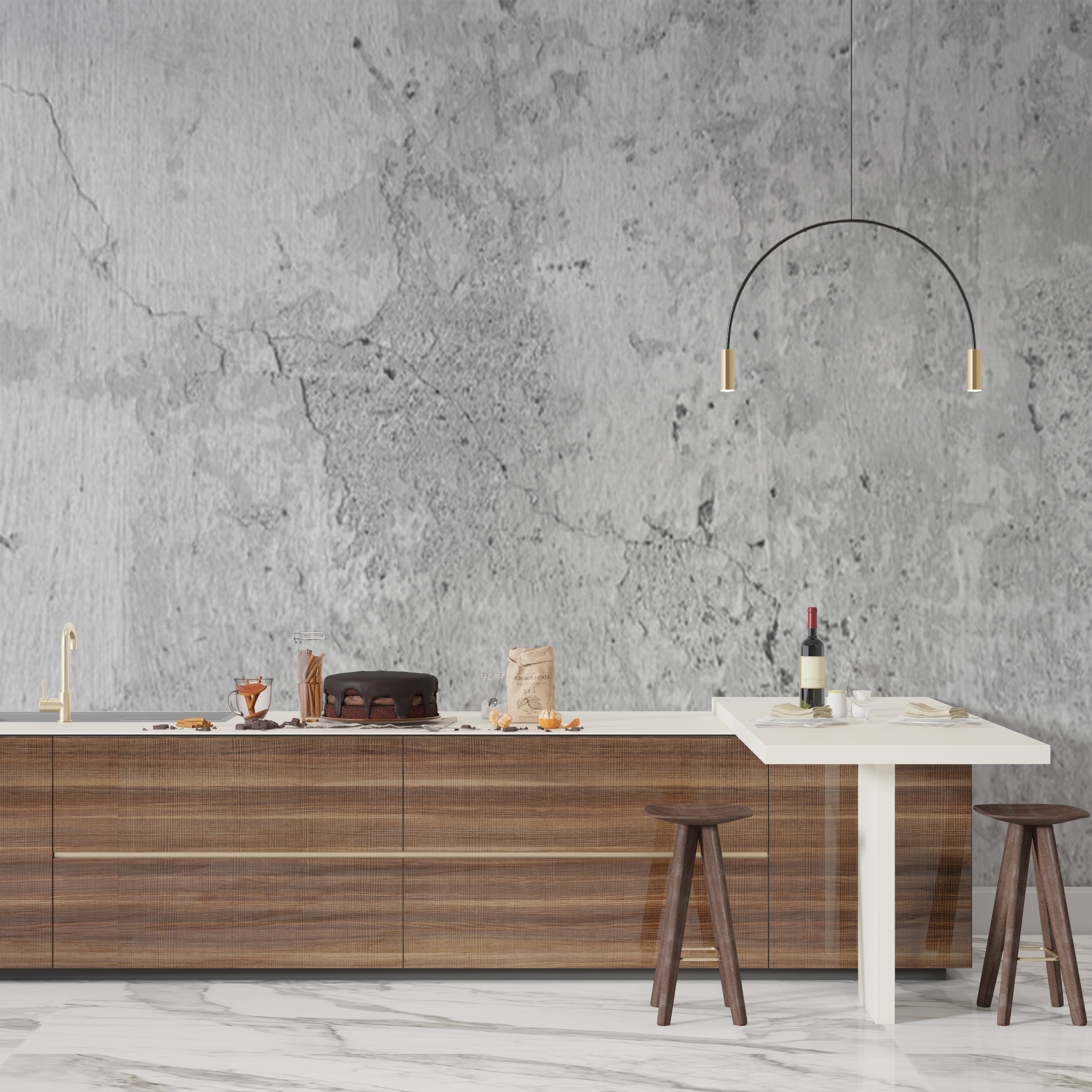 Cuisine moderne avec îlot, table et tabourets, éclairage minimaliste chez Mr Papier