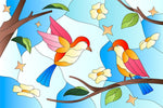 Deux oiseaux en branches fleuries sur papier peint vitrail coloré - Vignette | Mr Papier Peint