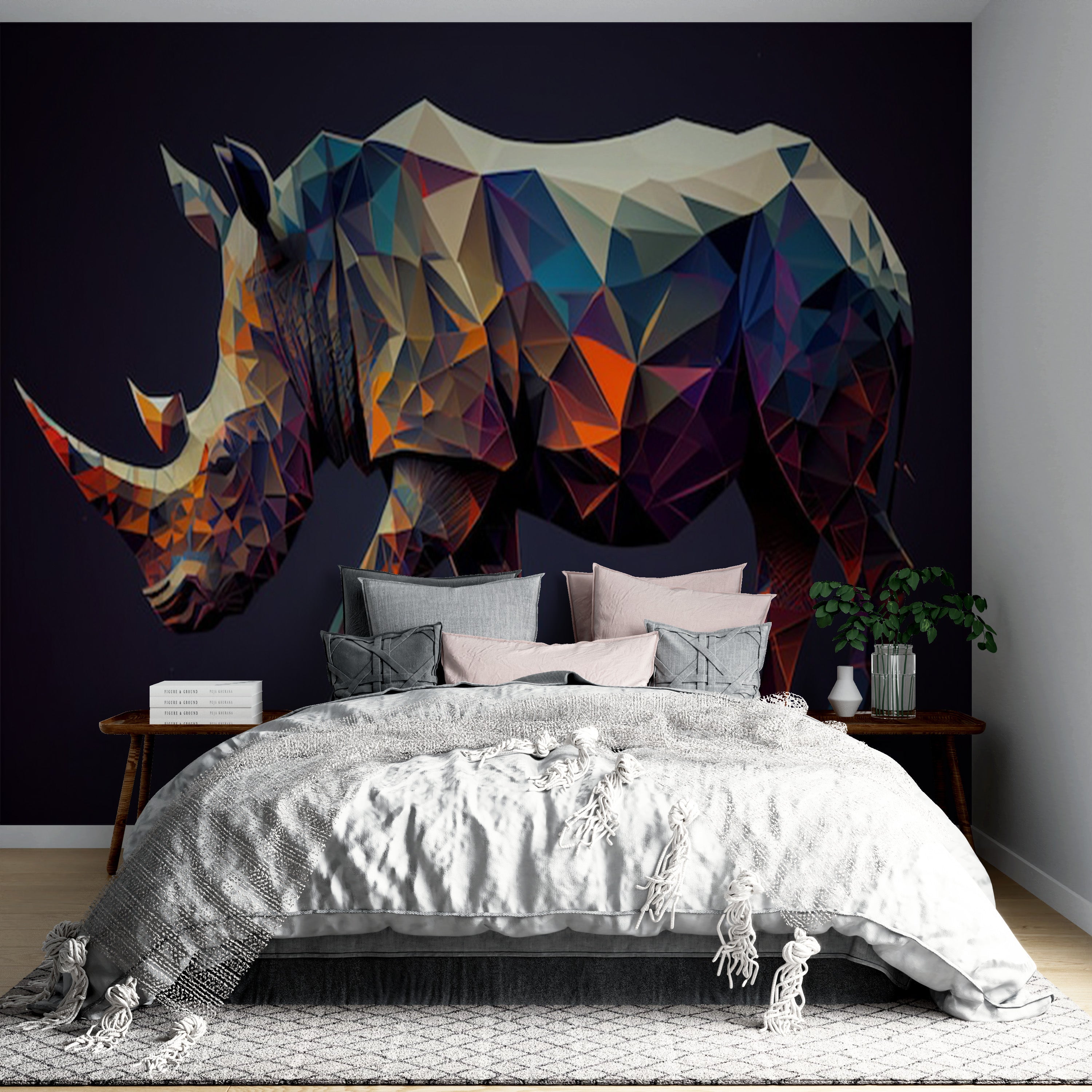 Image d’un lit king-size avec papier peint Rhinocéros Low Poly pour décor mural rhinocéros
