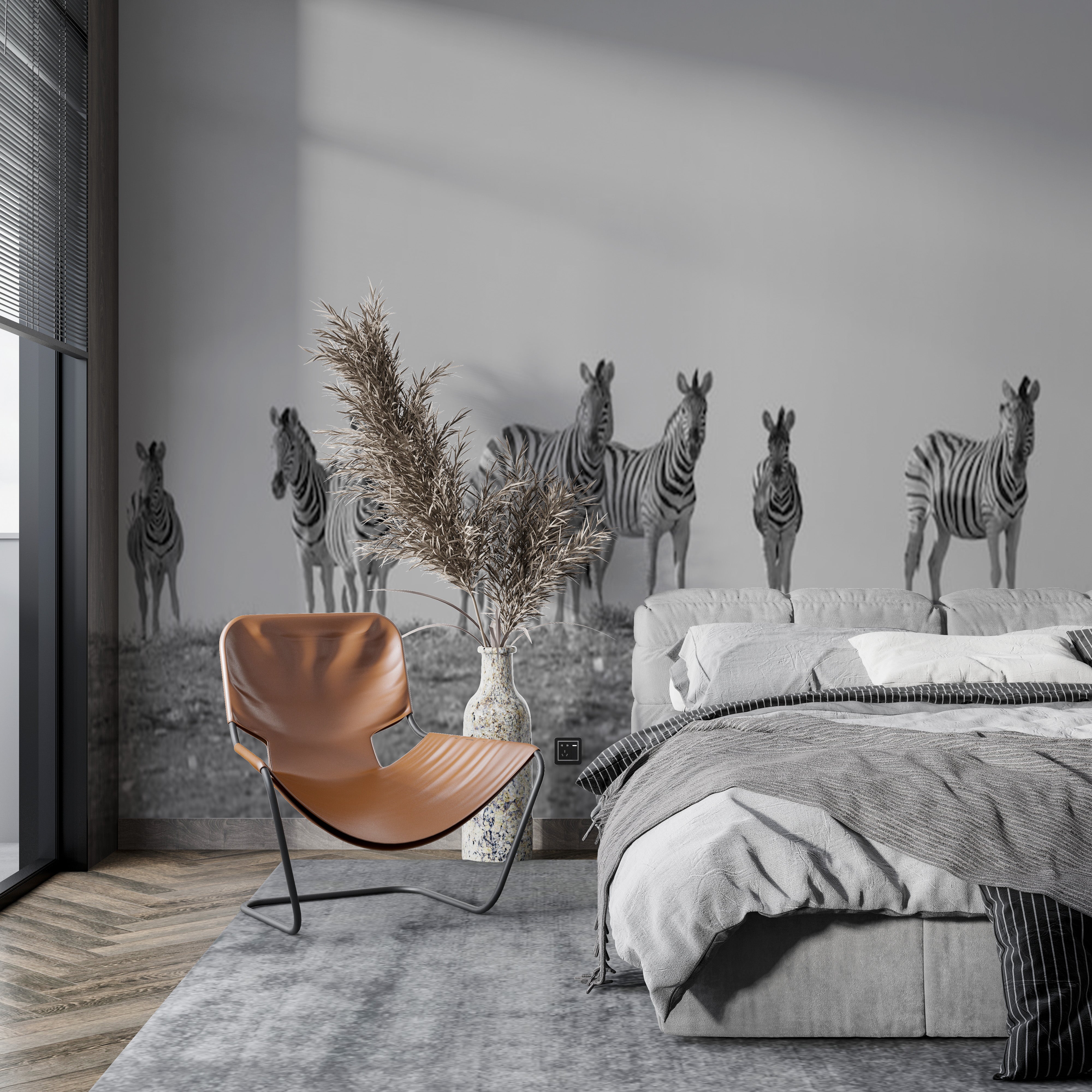 Revêtement mural chez Mr Papier avec zébrures grisées dans une chambre moderne