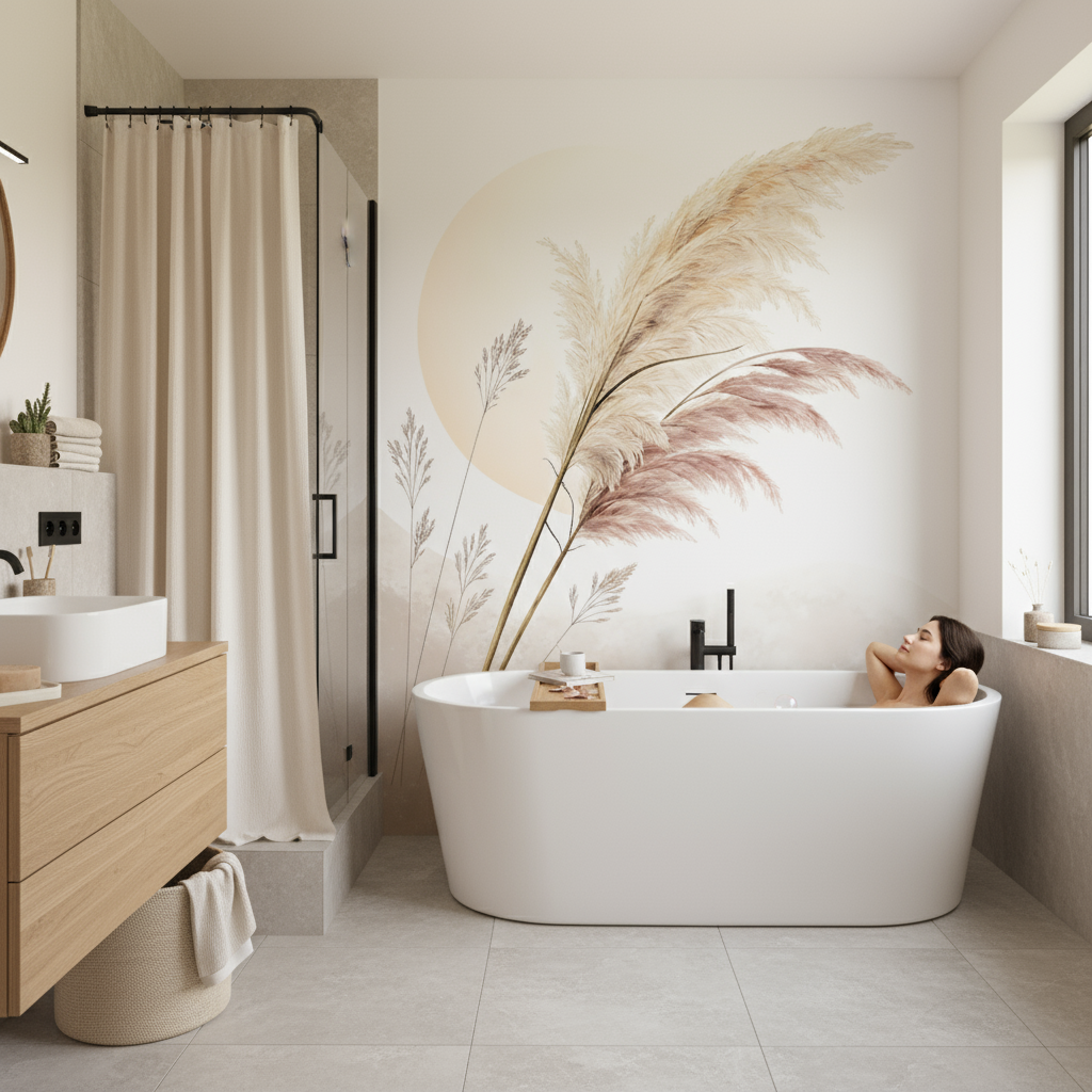 Baignoire freestanding blanche avec robinet noir, fresque murale Aigle Éternel