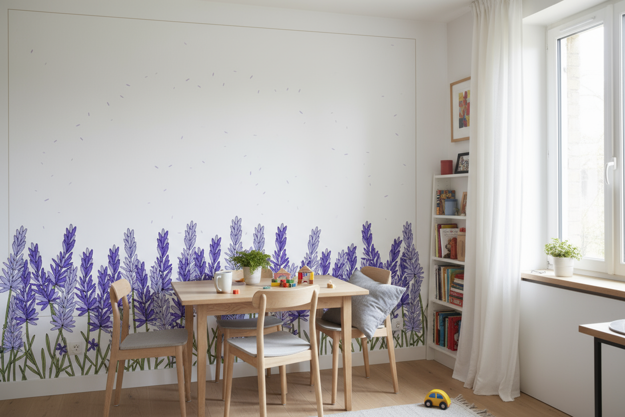 Papier peint panoramique lavande fleurie violette et blanche avec table et chaises en bois