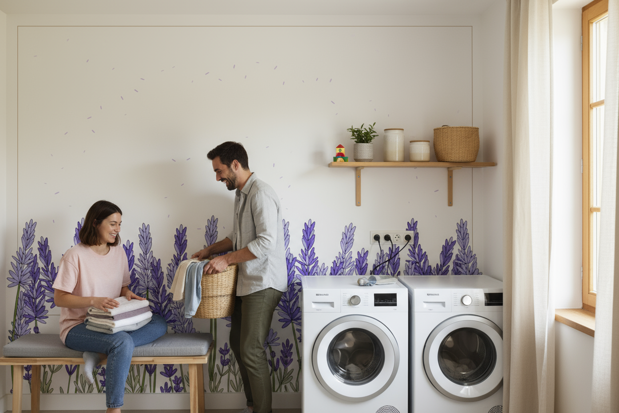 Machine à laver frontale blanc et argent, design moderne sur papier peint panoramique