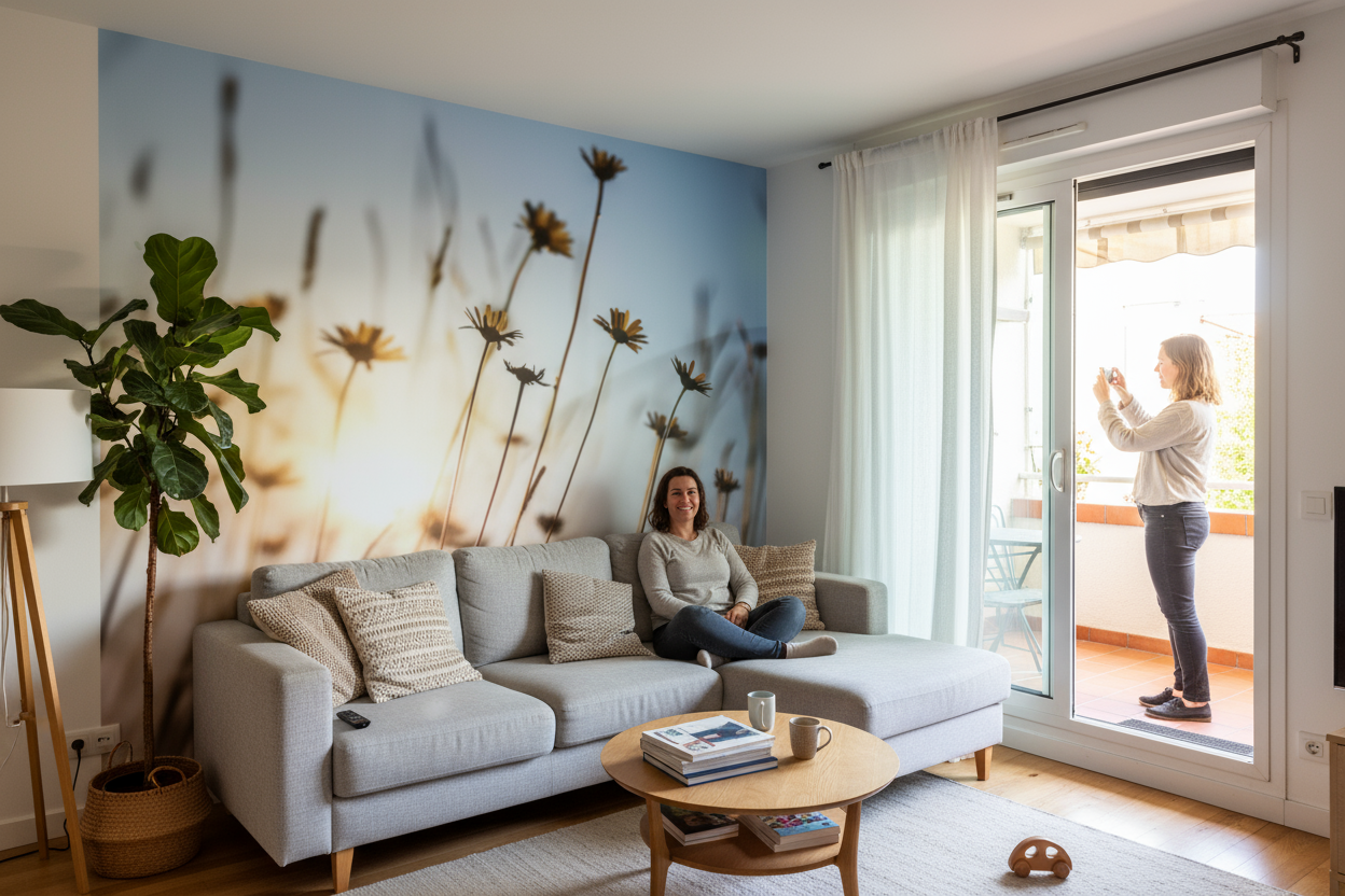 Canapé sectionnel gris avec coussins blancs et pieds en bois, design moderne sur papier peint panoramique