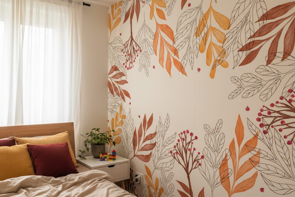 Papier peint panoramique Automnale Aquarelle Enchantée aux feuilles automnales