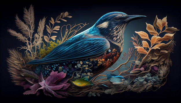 Beauté Ailée: Papier Peint Oiseau Bleu & Plantes - Création IA - Le meilleur Papier peint panoramique Sur mesure