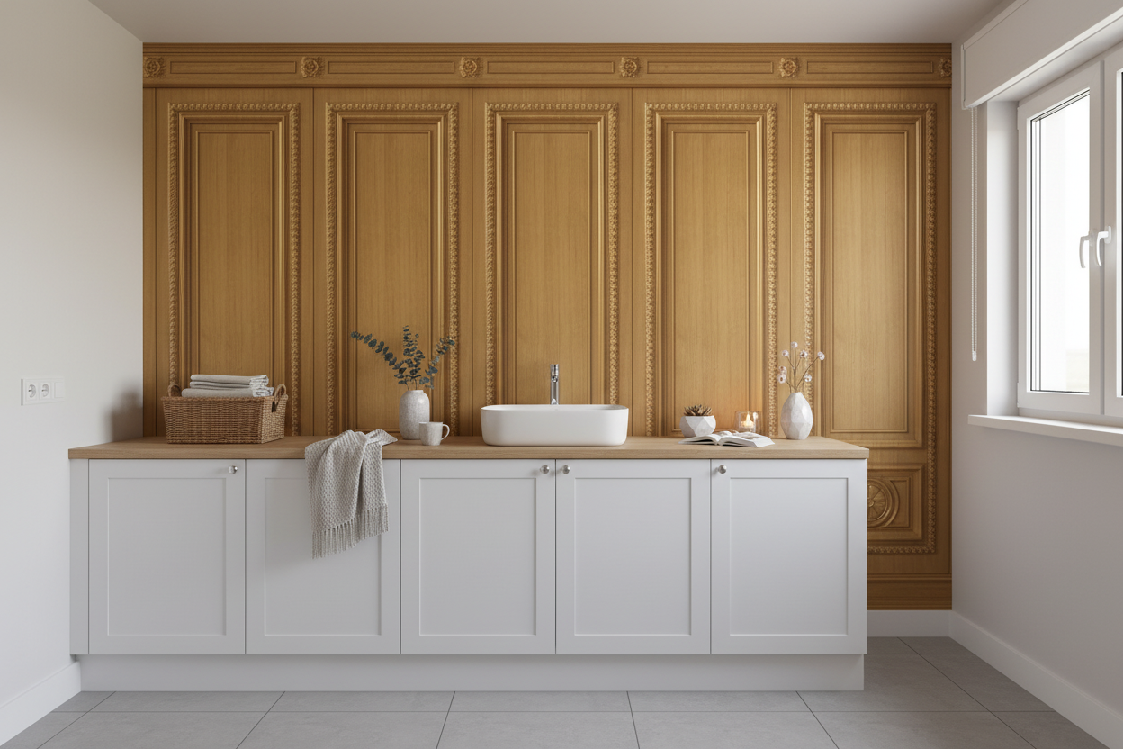 Lavabo en céramique blanche avec reflets tendres sur bois