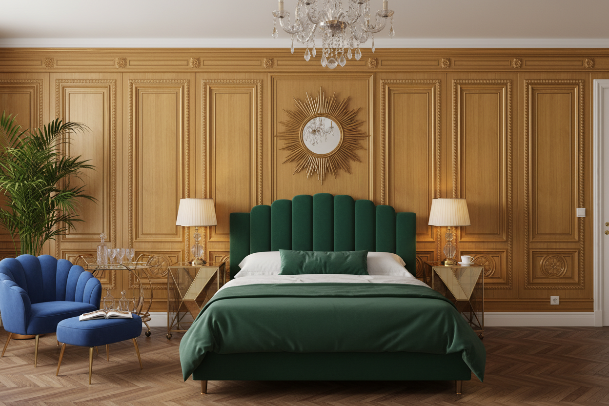 Lit dorée en velours vert émeraude avec reflets tendres et revêtement mural élégant