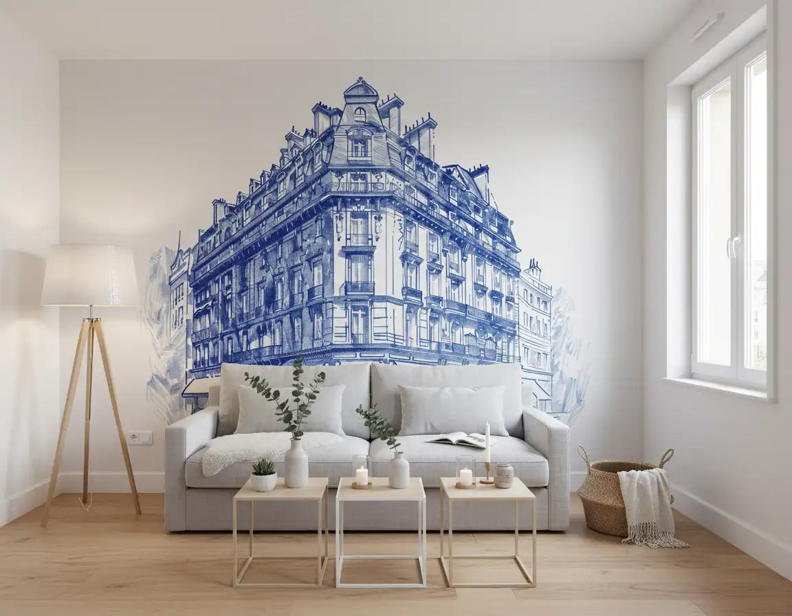 Canapé blanc minimaliste avec papier peint panoramique sur mesure Rêverie Parisienne