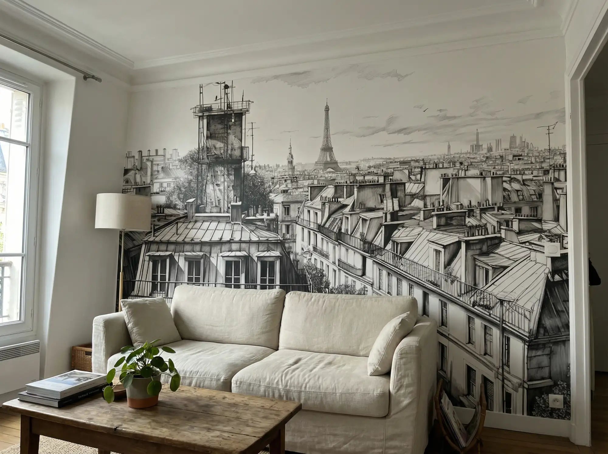 Canapé blanc avec table basse en bois et plante en pot dessus. assistant : ensemble de canapés beige arborant un design moderne, associé à une table basse en bois rustique ornée d'une plante en pot verte vibrante.