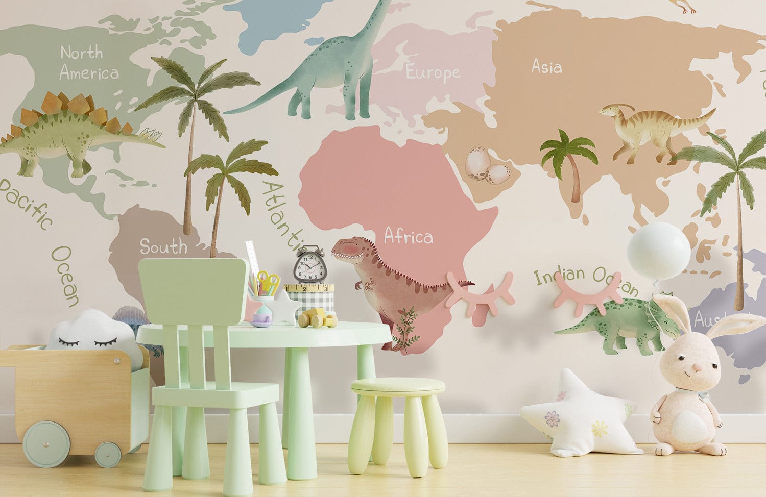 Carte du monde des dinosaures pour enfants - Papier peint - Le meilleur Papier peint panoramique Sur mesure