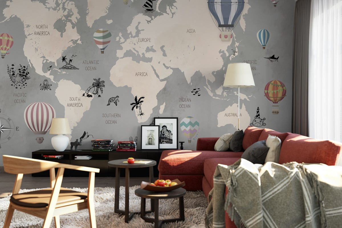 Carte du monde fantaisiste en montgolfière - Papier peint mural - Le meilleur Papier peint panoramique Sur mesure