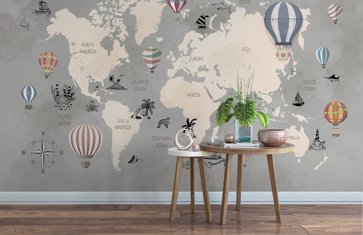 Carte du monde fantaisiste en montgolfière - Papier peint mural - Le meilleur Papier peint panoramique Sur mesure