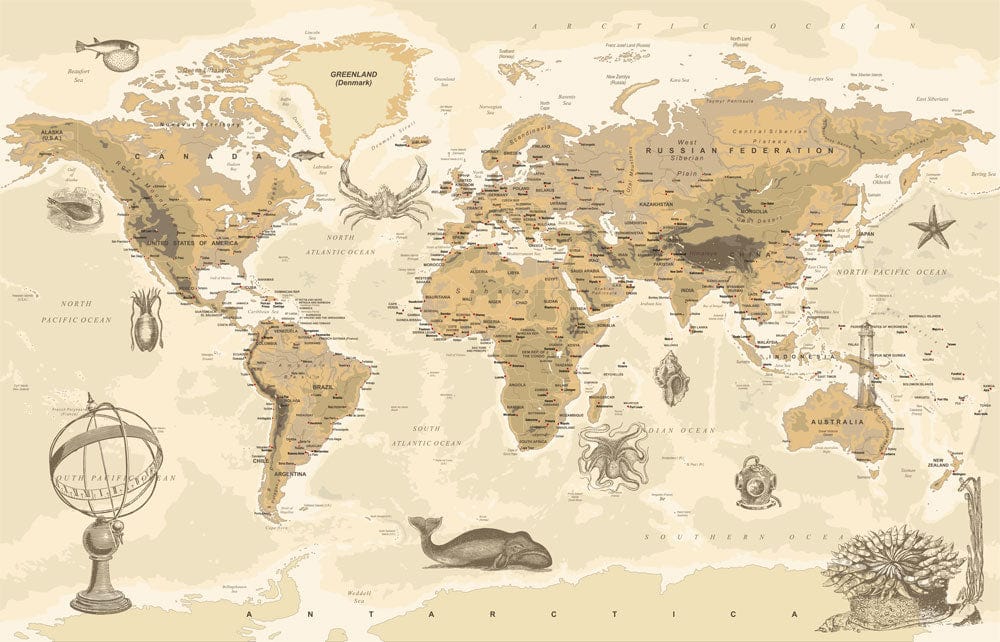 Carte du monde vintage beige pour fond d’écran - Le meilleur Papier peint panoramique Sur mesure