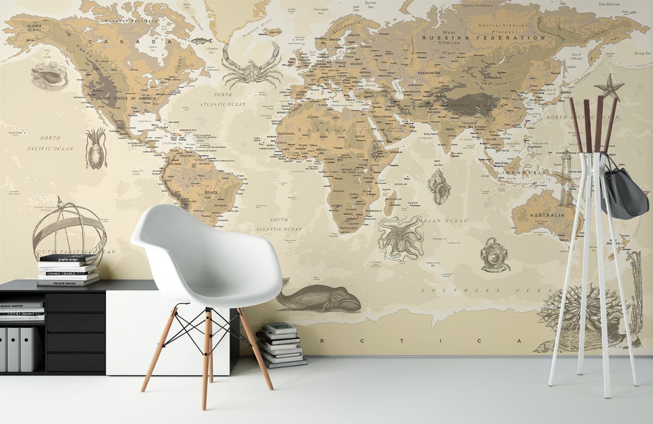 Carte du monde vintage beige pour fond d’écran - Le meilleur Papier peint panoramique Sur mesure