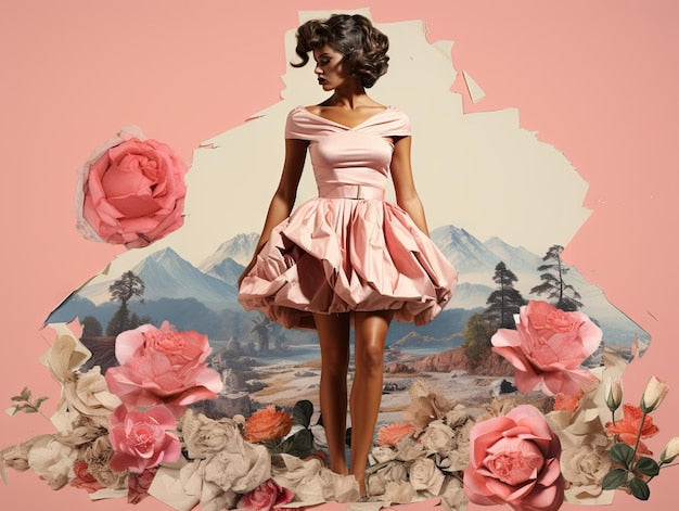 Femme en robe rose satinée, fond collage rétro, plus qu’un décor mural émotionnel