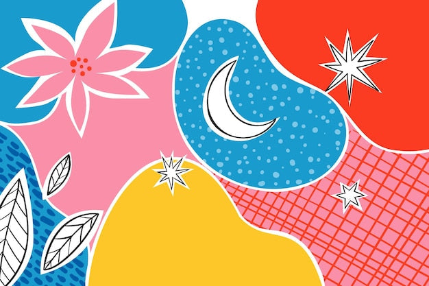 Illustration abstraite vibrante de fleur rose et lune bleue sur papier peint panoramique Collages Végétaux