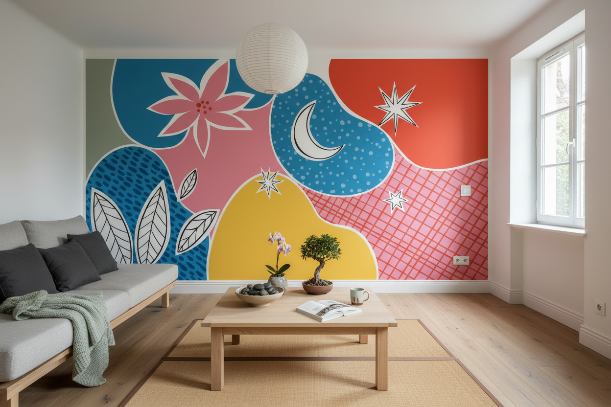 Papier peint panoramique Collages Végétaux avec motifs abstraits bleus, roses et jaunes