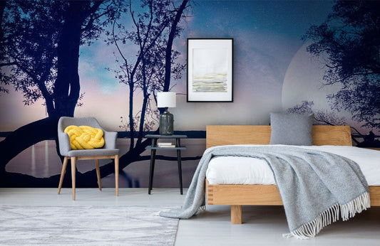 Papier peint panoramique ciel étoilé nuit magique dans une chambre sereine avec mobilier moderne