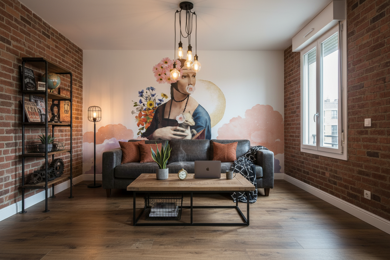 Canapé en cuir gris foncé avec coussins orange et couverture à motif noir et blanc, près de papier peint panoramique Dame Énigmatique