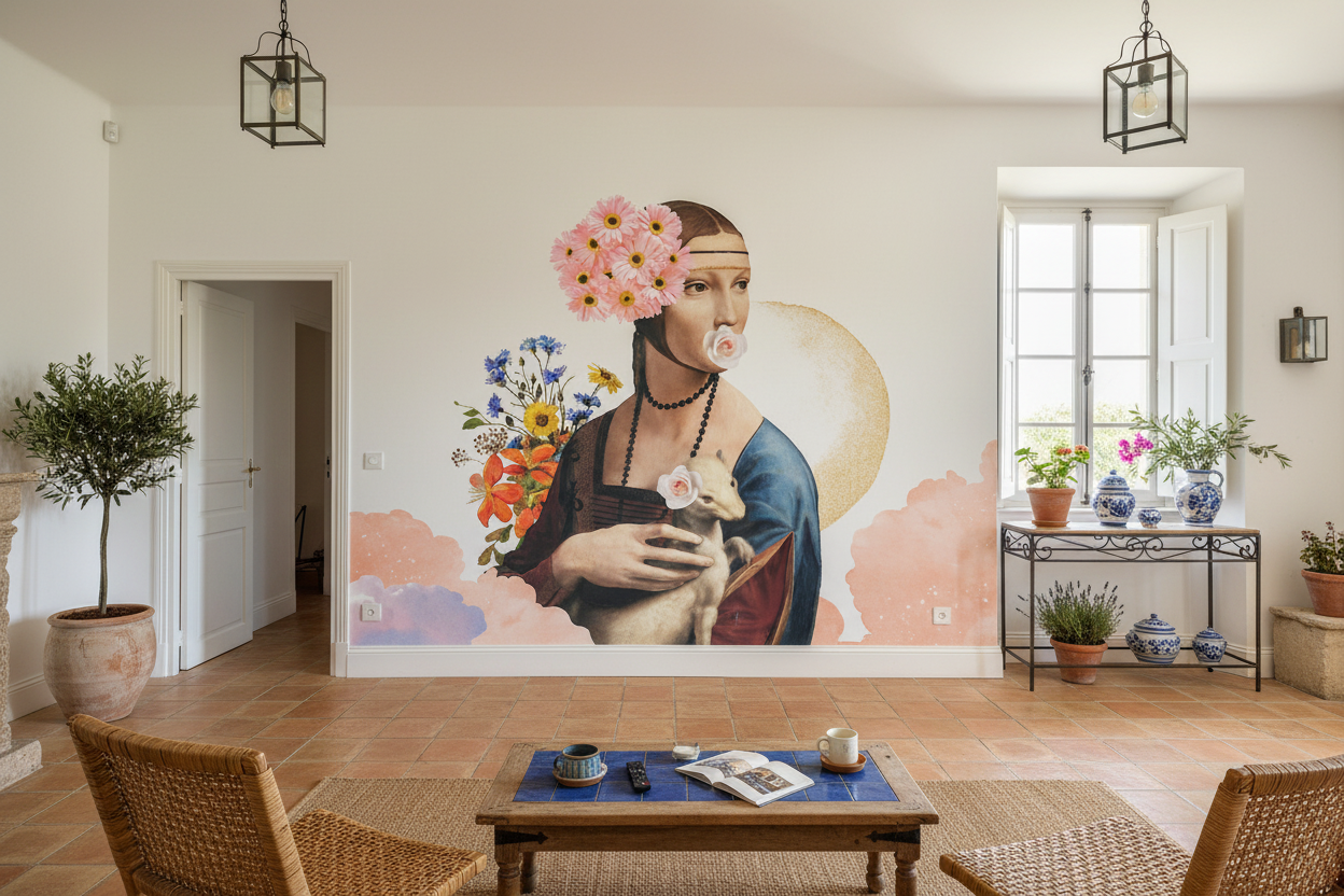 Femme énigmatique en robe bleue tenant un agneau, fleurs dans les cheveux, papier peint panoramique