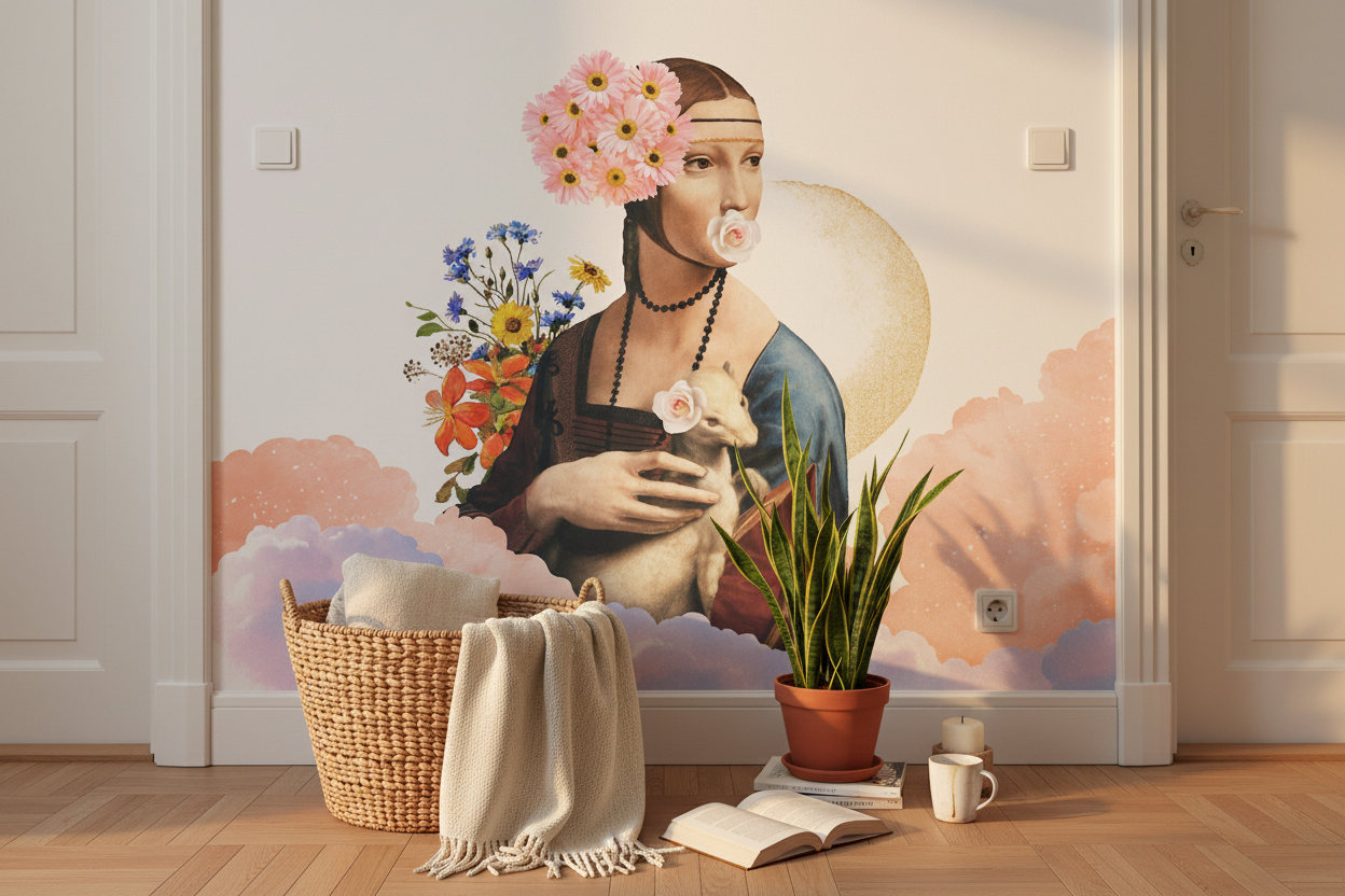 Femme énigmatique au papier peint panoramique avec fleurs roses et jaunes dans les cheveux, tenant une souris blanche fleurie