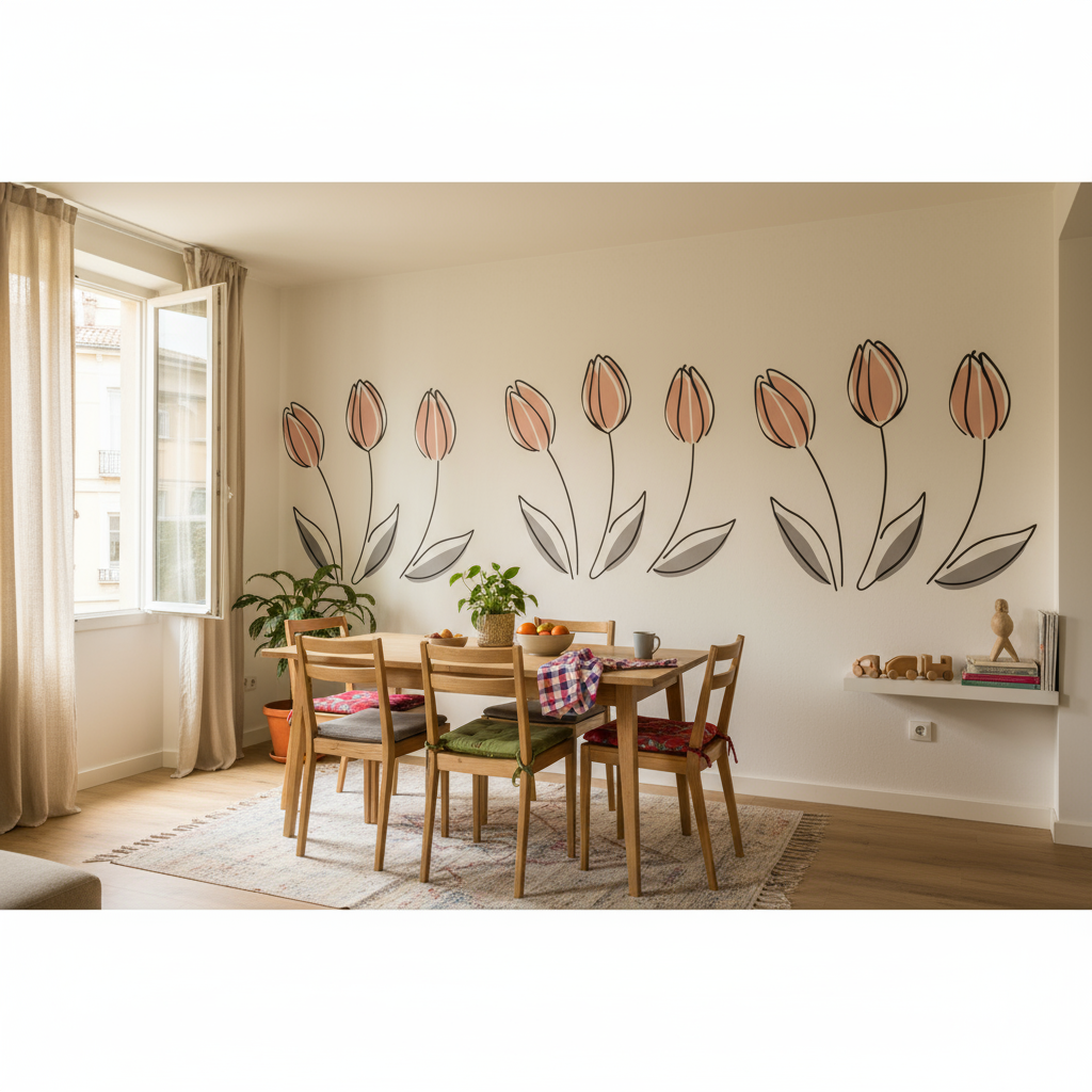 Autocollants tulipes rose et gris en vinyle moderne sur fond blanc
