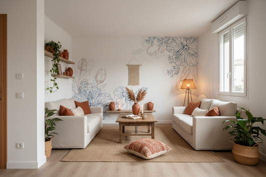 Canapé sectionnel blanc avec coussins rouille sur tapis jute, pour papier peint panoramique