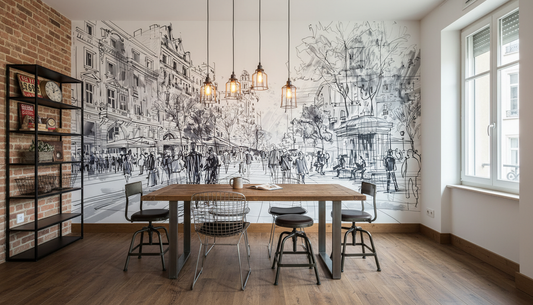 Papier peint panoramique avec table de salle à manger en bois sur piétement central métallique noir, scènes d’intérieur inspirées d’Éclats de Cité avec trait dessiné