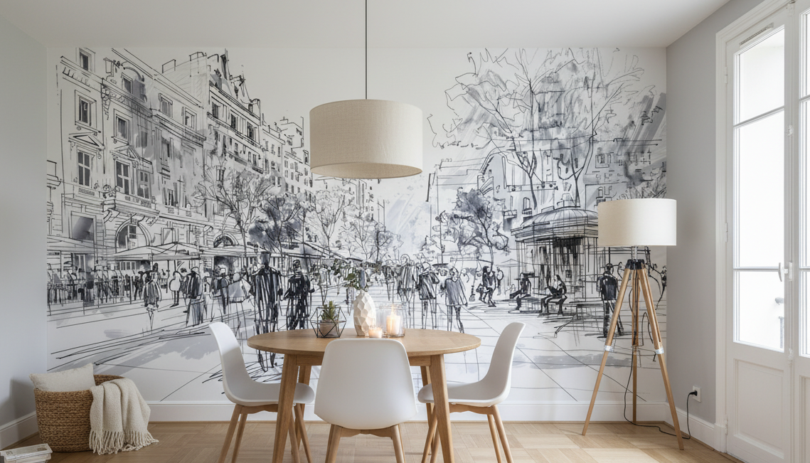 Papier peint panoramique Esquisse ville en noir et blanc