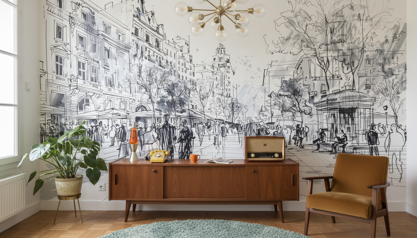 Buffet mid-century en bois, radio vintage sur dessus, avec papier peint panoramique scènes d’intérieur Éclats de Cité