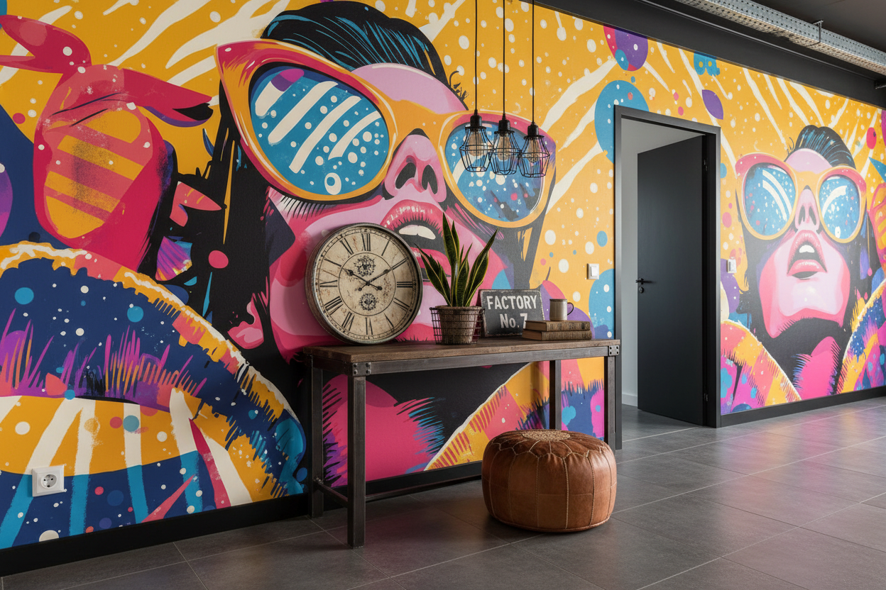 Papier peint panoramique sur mesure Éclats Pop Festifs Saisons avec femme stylisée en lunettes roses et bleues, motifs vibrants jaunes, oranges, violets et noirs